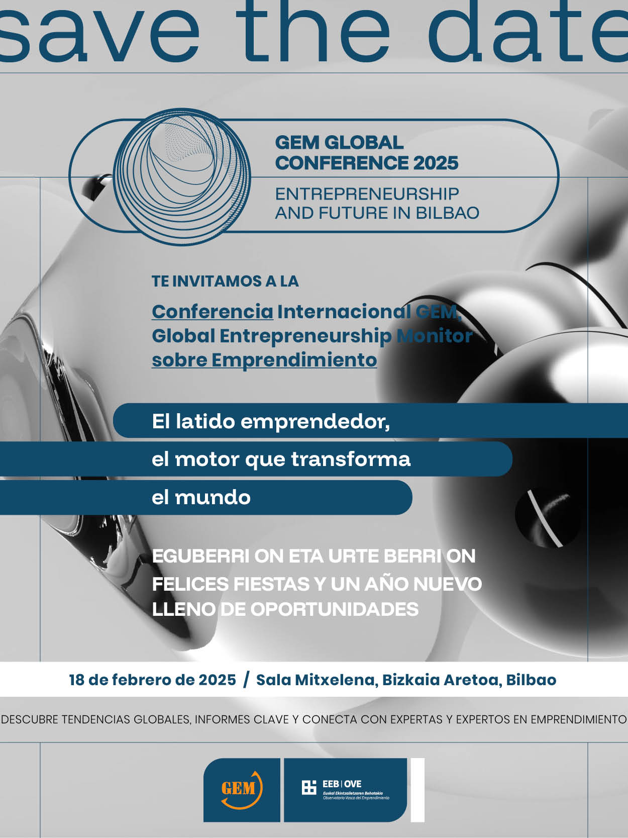 Eguberri on eta urte berri on: ¡Reserva la fecha! Conferencia Internacional GEM en Bilbao, 18 de febrero de 2025